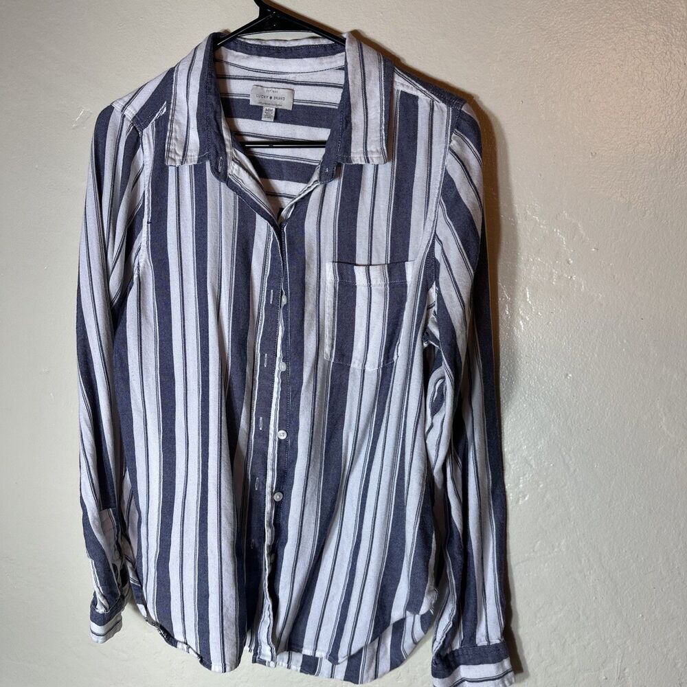 J Crew Medium Striped Women’s Button Long Sleeve Shirt Viscose Cotton Navy White